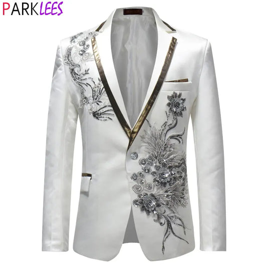 Veste de Costume brodée à paillettes florales blanches pour hommes