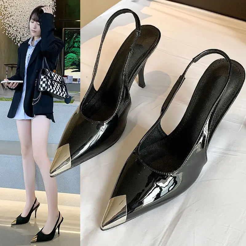 Sandales noires à talons fins et bout pointu pour femmes, chaussures Stiletto d'été