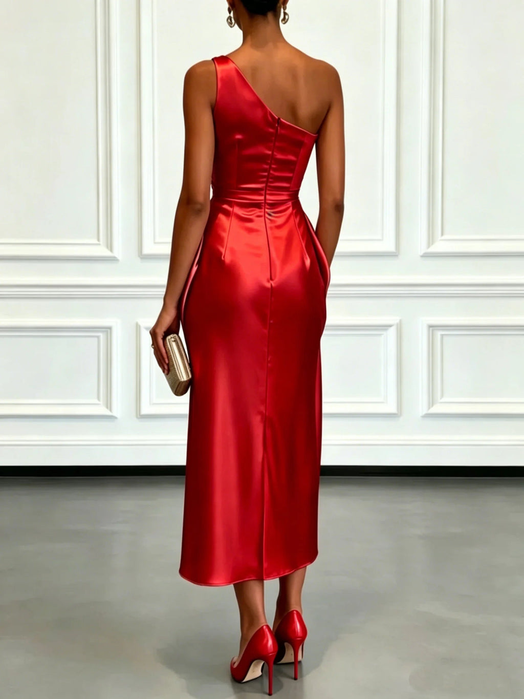 One Shoulder Satin Midi Dress With Ruched Waist Elegant LADYLYS