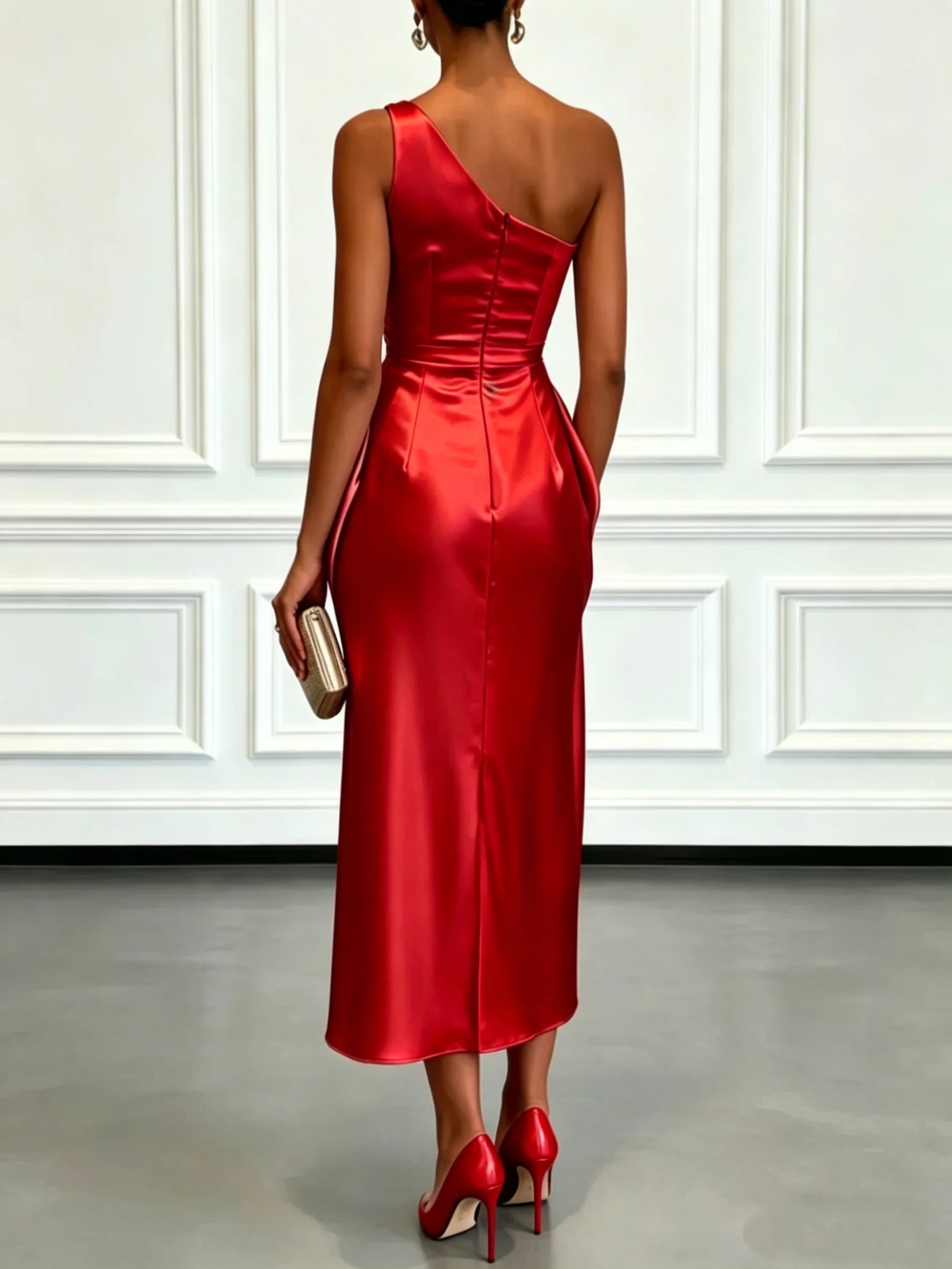 One Shoulder Satin Midi Dress With Ruched Waist Elegant LADYLYS