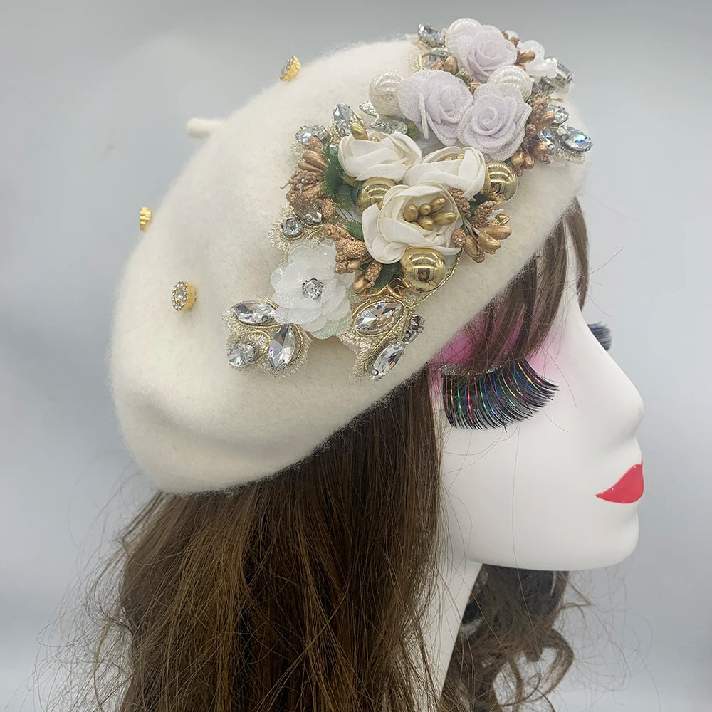 Béret Fleur Diamants Turban Casquette Femme Tête Enveloppante Bonnet