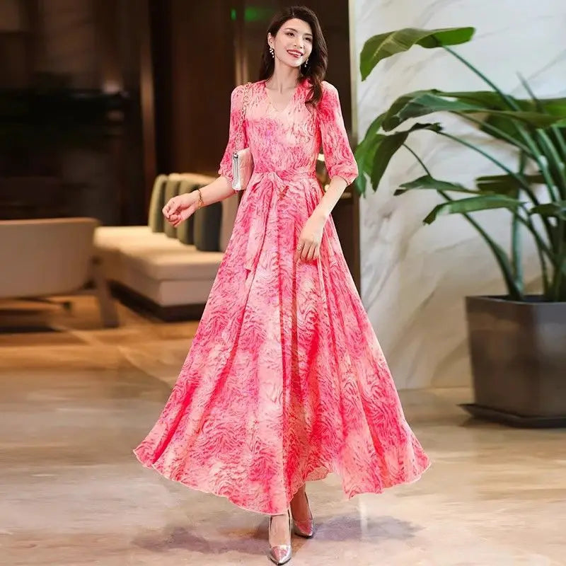 V-Neck Printed Maxi Dress Women's Flared Slimming Gown Polyester Fabric 3D Effect Floral Print LADYLYS