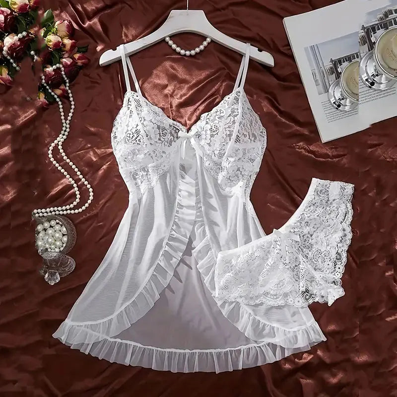 Sexy Contrast Lace and Mesh Ruffle Babydoll Sexy V-neck Open Bra Sleep Skirt Nighties LADYLYS