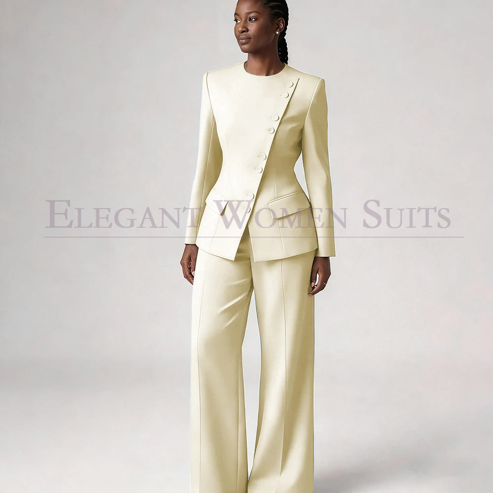 Single Breasted Women's Suits Blazer Luxury O-neck Regular Length 2 Piece LADYLYS
