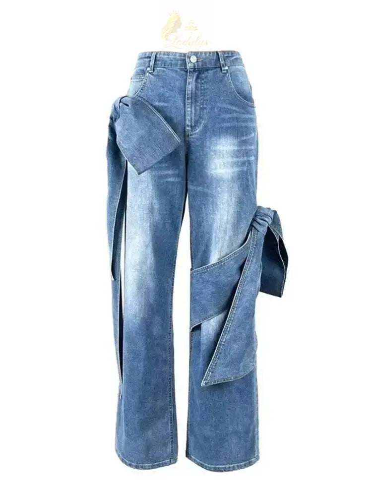 Women's Bows Bandage Denim Sling Vest High Waist Wide Leg Straight Jeans LADYLYS