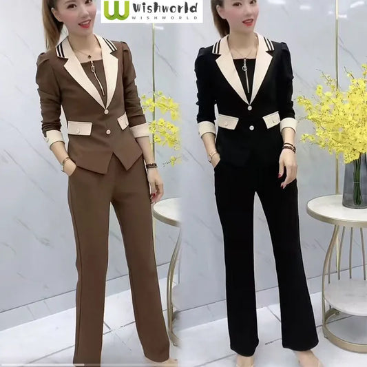 Ensemble deux pièces Blazer Slim et pantalon droit haut de gamme pour femmes