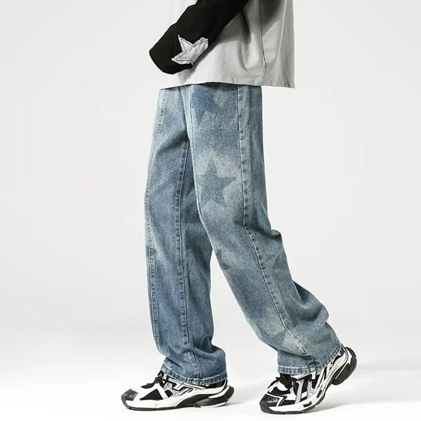 Jean Baggy pour homme, pantalon en denim droit à imprimé étoiles, style hip-hop