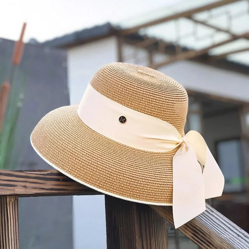 French Retro Straw Sun Hat with Bow Detail - Hepburn Style Elegant Wide Brim LADYLYS