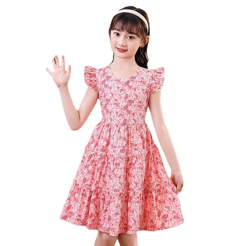 Robe d'été rose à manches volantes pour adolescentes, vêtements floraux en dentelle 5 6 7 9 10 12 14 ans