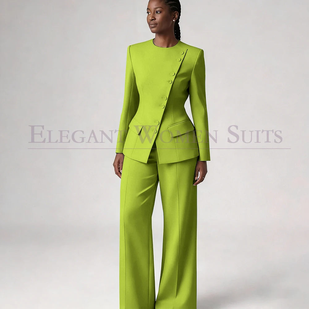 Single Breasted Women's Suits Blazer Luxury O-neck Regular Length 2 Piece LADYLYS