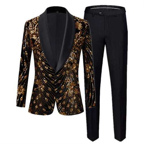 Costume à paillettes pour homme de marque à la mode 2 pièces rouge / bleu / noir pour homme, veste blazer et pantalon de luxe