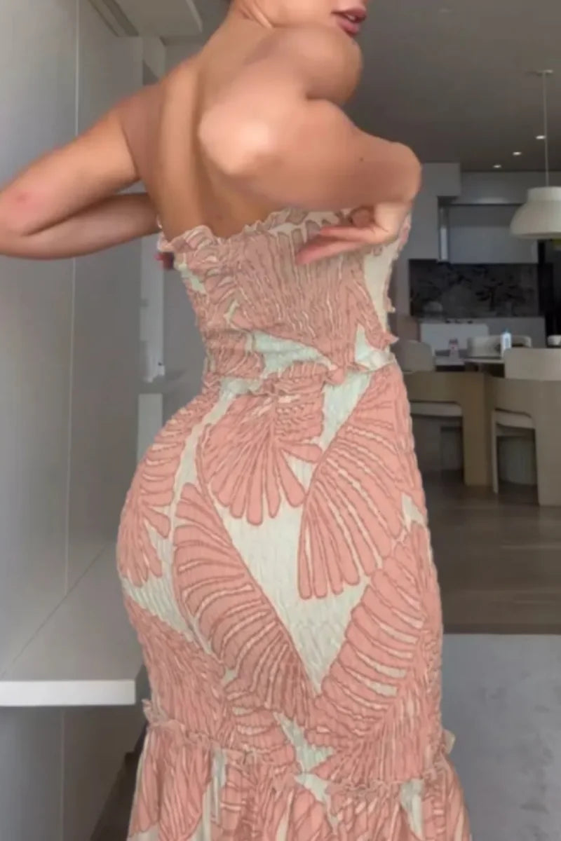 Tropical Print Drawstring Ruched Shirred Frill Trim Bandeau Vacation Dress Cinched LADYLYS