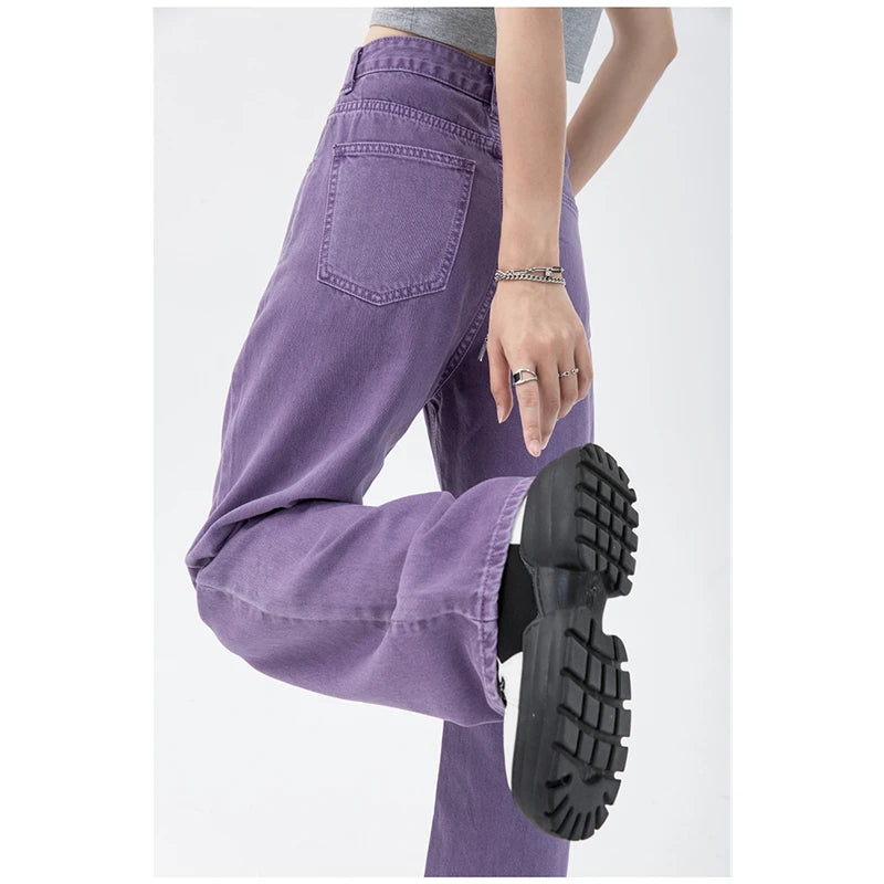 Jeans vintage pour femmes, pantalon en jean droit taille haute violet