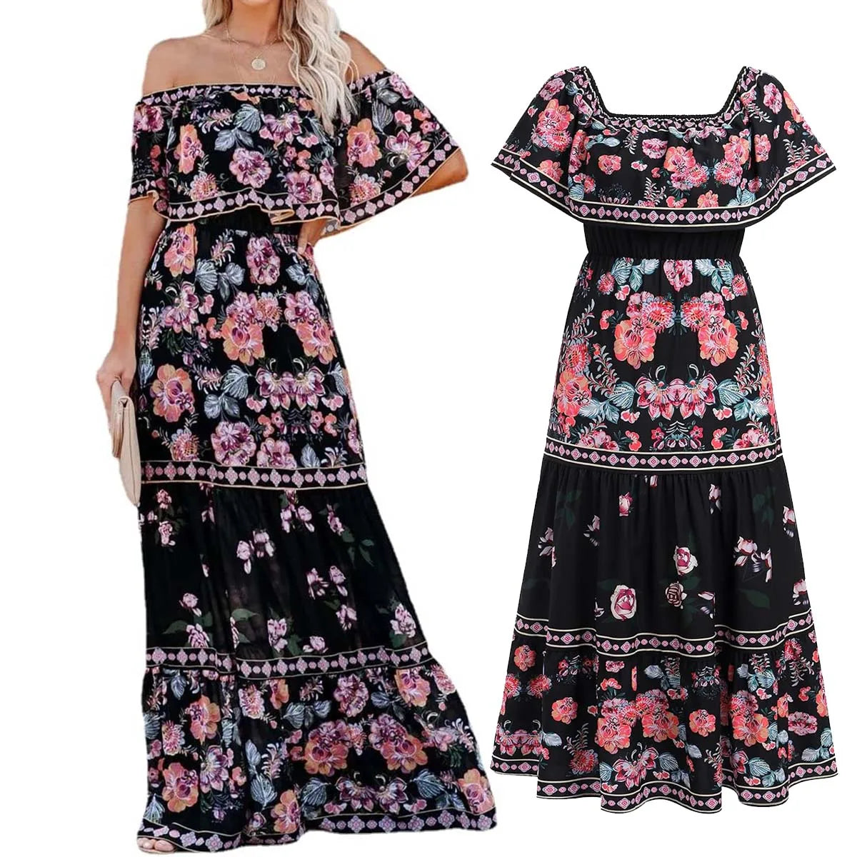 Ethnic Mexican Cinco De Mayo Summer Floral Print Off Shoulder Dress LADYLYS
