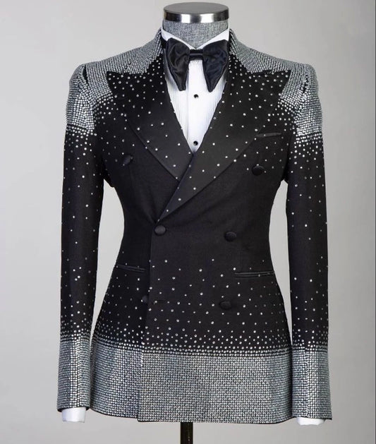 Costumes de mariage brillants pour hommes, 2 pièces, blazer, pantalon, un bouton, diamants, perles, cristal