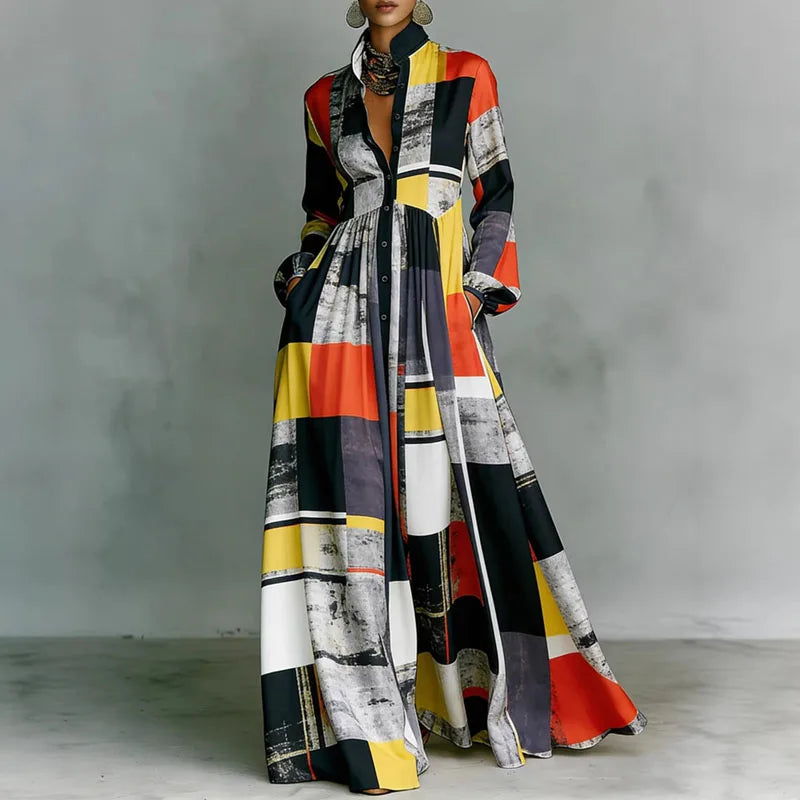 Print High Waist Pleated Woman Spring Shirt Collar Button Pockets Maxi Dress LADYLYS