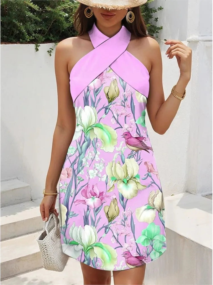 Women's Backless Cross Halter Neck Mini Dress – Sleeveless, A-Line, Summer LADYLYS