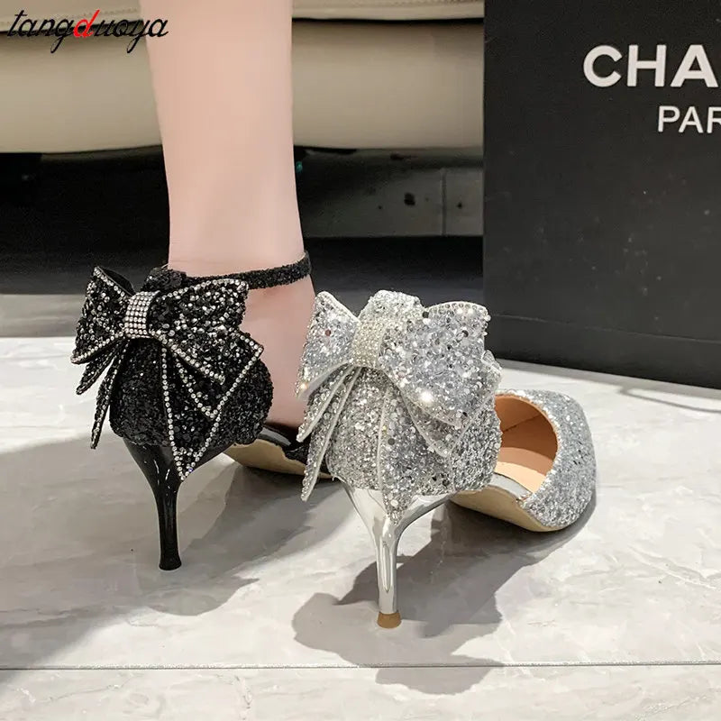 Escarpins à nœud papillon pour femmes, chaussures de fête de mariage à paillettes argentées, de luxe