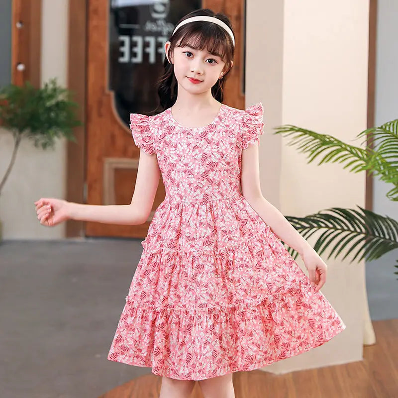 Robe d'été rose à manches volantes pour adolescentes, vêtements floraux en dentelle 5 6 7 9 10 12 14 ans