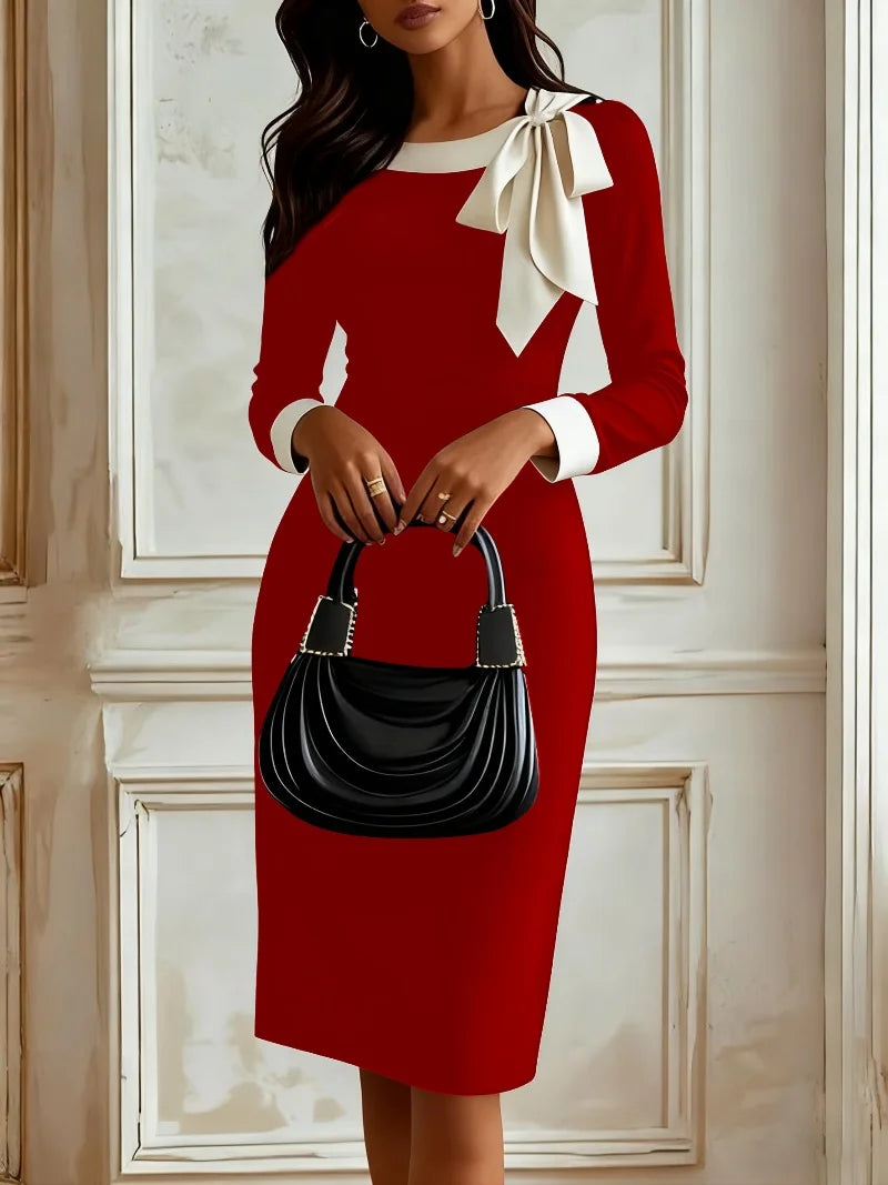 Professional Elegance Goddess Style Bow Tie Tailored Color-blocked Career Dress LADYLYS