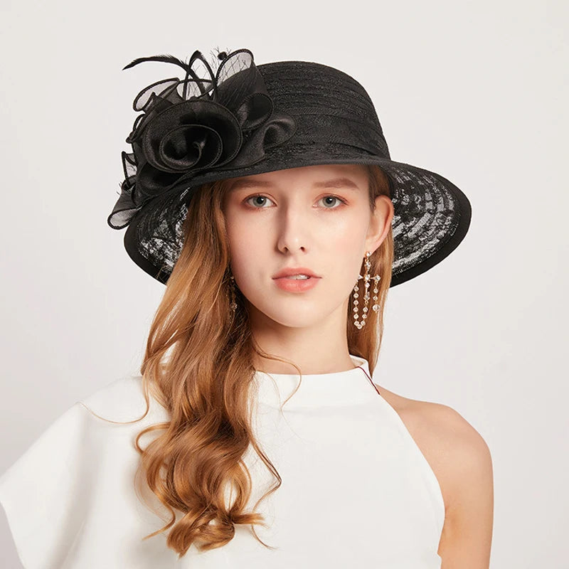 Chapeau fascinators élégant, fleurs en dentelle, seau à large bord, Kentucky Derby pliable