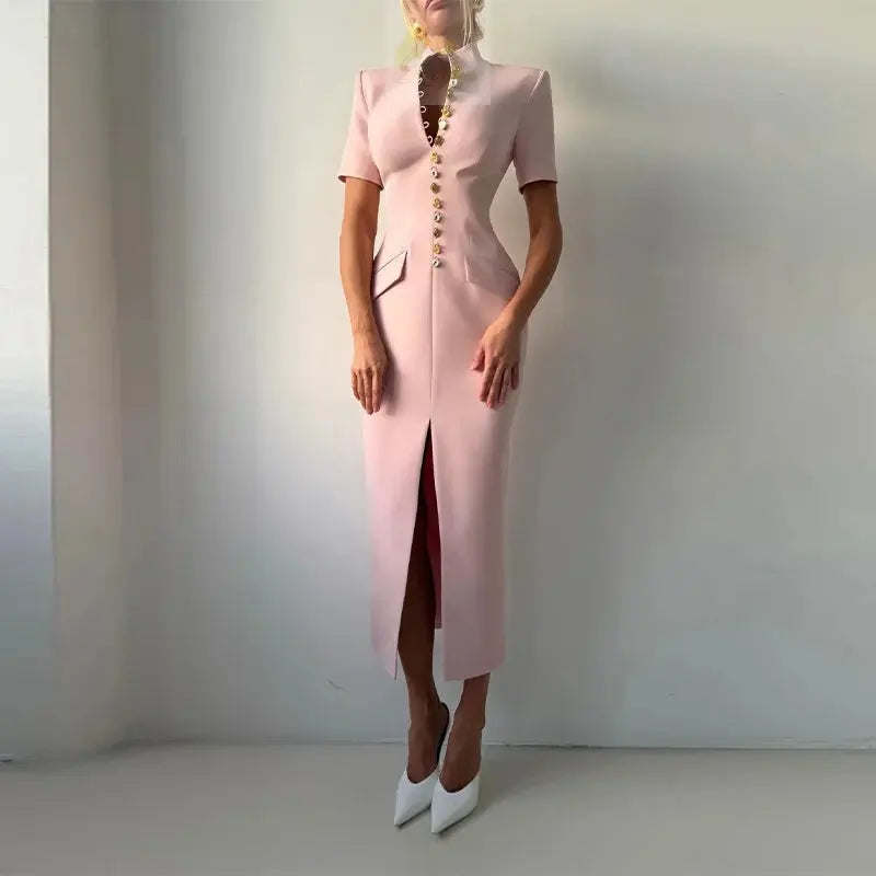 Elegant Fitted Shoulder Pad Short Sleeves Chic Party Dresses LADYLYS