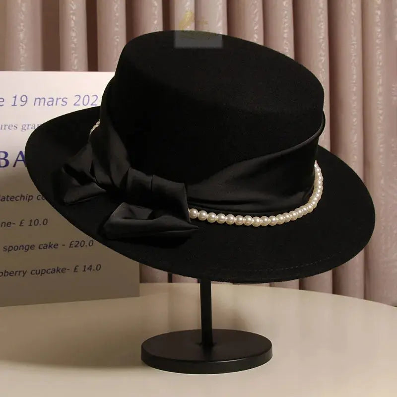 French Light Luxury Pearl Bow  Felt Flat Top Formal Hat Elegant LADYLYS