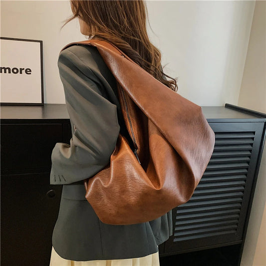 Grands sacs à bandoulière noirs pour femmes, sac cabas Hobo de couleur unie, en cuir souple de qualité