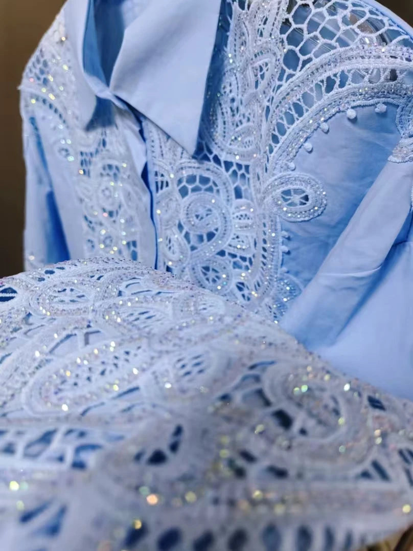 Luxury Design Bling Sequins Embroidery Cotton Shirts Blouses For Women's Long Sleeve Oversize