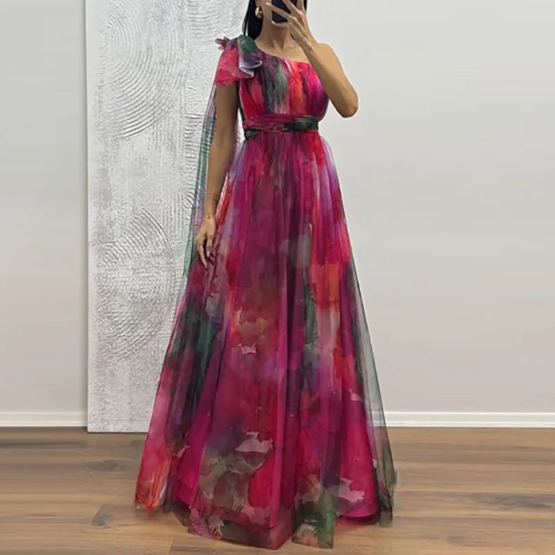 Sexy Slanted Neck Bow Tie Up Slim Long Dress Elegant Mesh Waist Banquet Dress LADYLYS