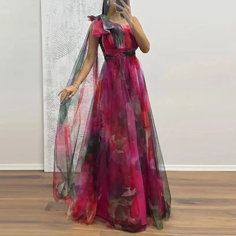 Sexy Slanted Neck Bow Tie Up Slim Long Dress Elegant Mesh Waist Banquet Dress LADYLYS