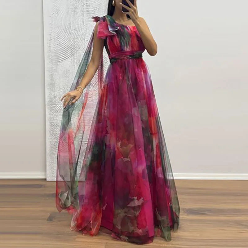 Sexy Slanted Neck Bow Tie Up Slim Long Dress Elegant Mesh Waist Banquet Dress LADYLYS