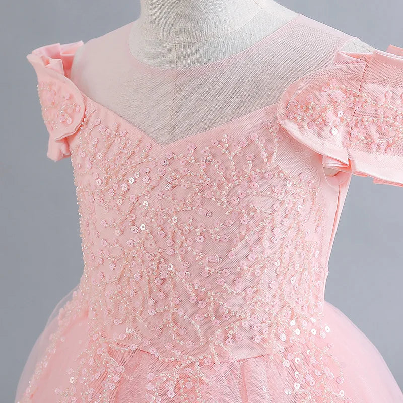 Robe de mariée à fleurs pour filles, tenue longue de princesse en Tulle pour enfants