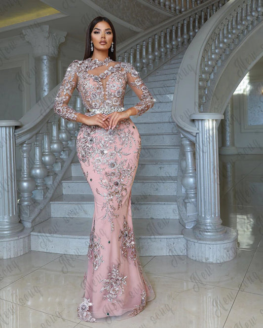 Robe de soirée en dentelle rose, deux pièces sur mesure, fleurs 3D, perles de luxe, longues