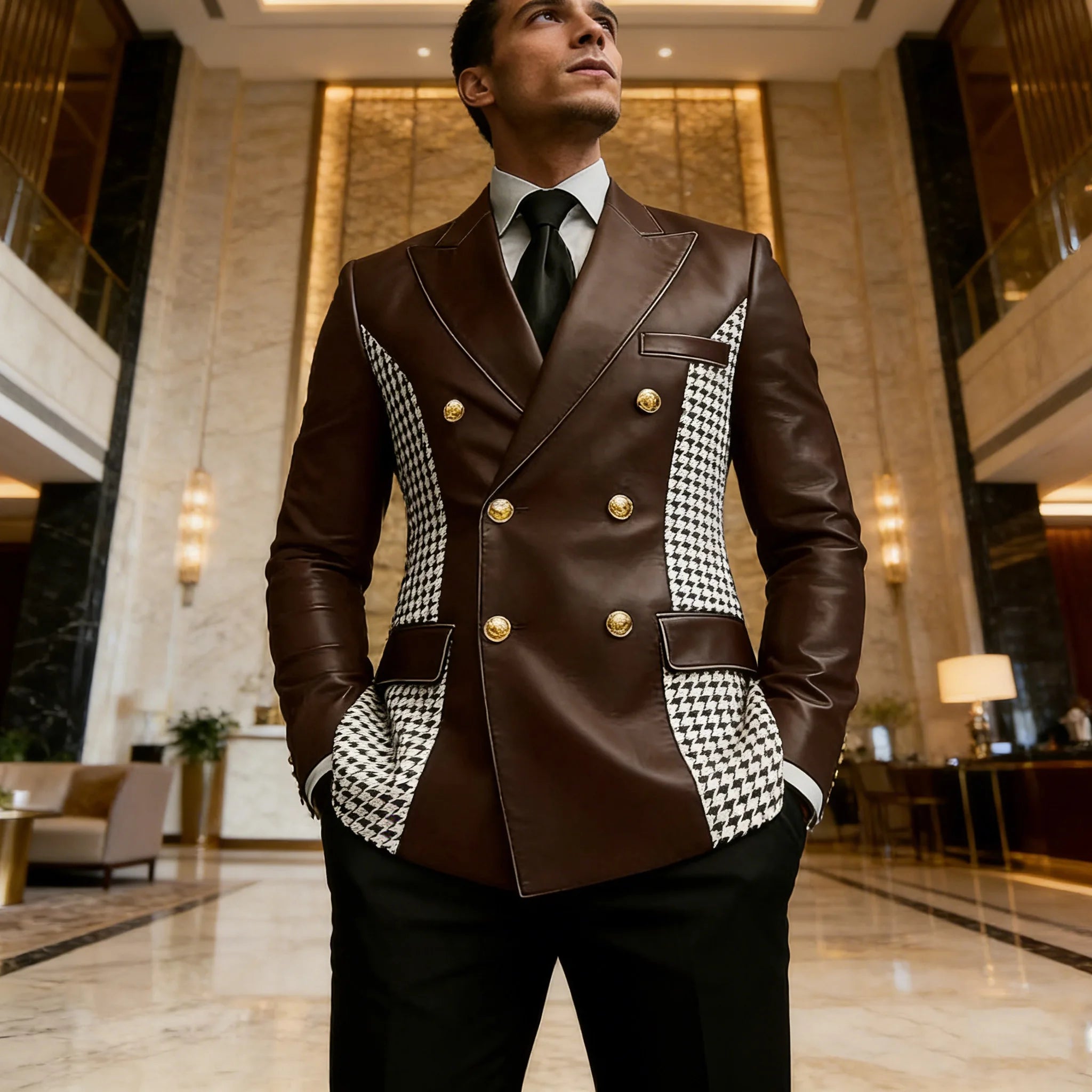 Leather Blazer With Houndstooth Sides Vintage Two-Tone Double Breasted LADYLYS