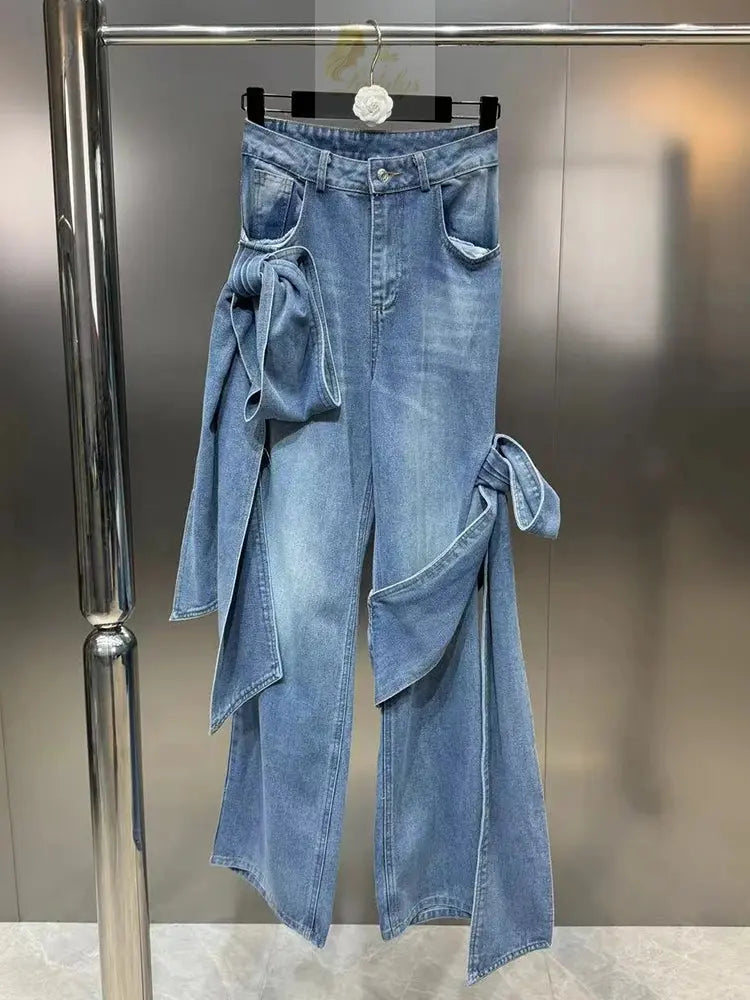 Women's Bows Bandage Denim Sling Vest High Waist Wide Leg Straight Jeans LADYLYS