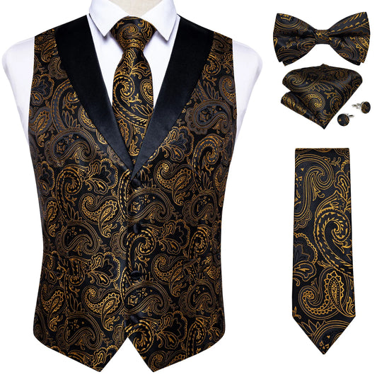 Marque costume gilet ensemble pour hommes de luxe en soie noir or Paisley