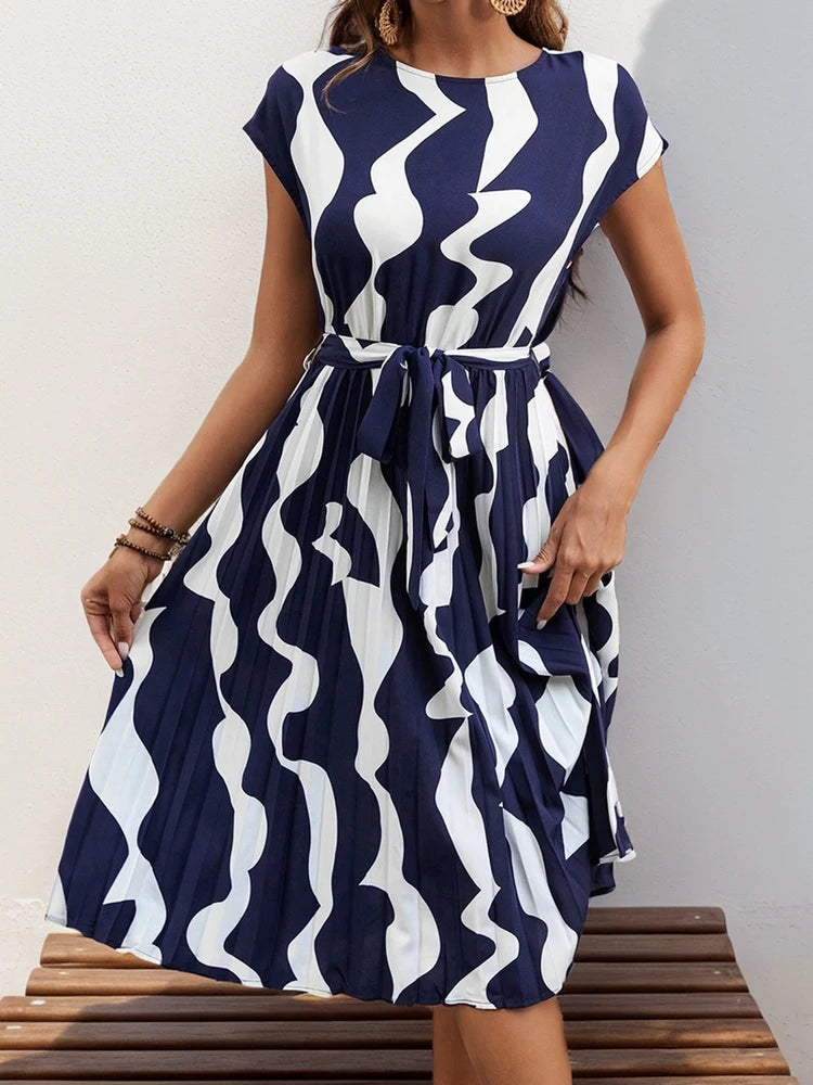 Spring Summer O Neck Pleated Medium Long Dress Fashion Print Lace-up Dress LADYLYS