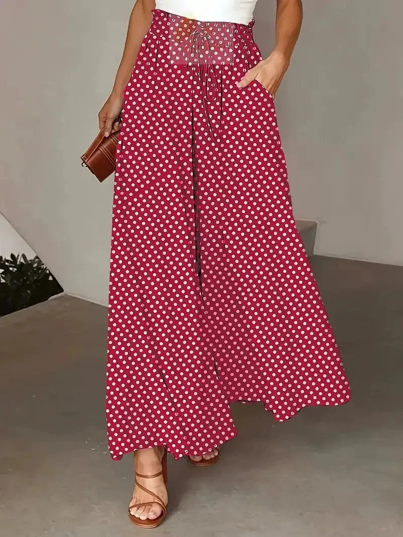 Bohemian Wide-Leg Pants with Elastic Waist and Polka Dot Print Long Skirt LADYLYS