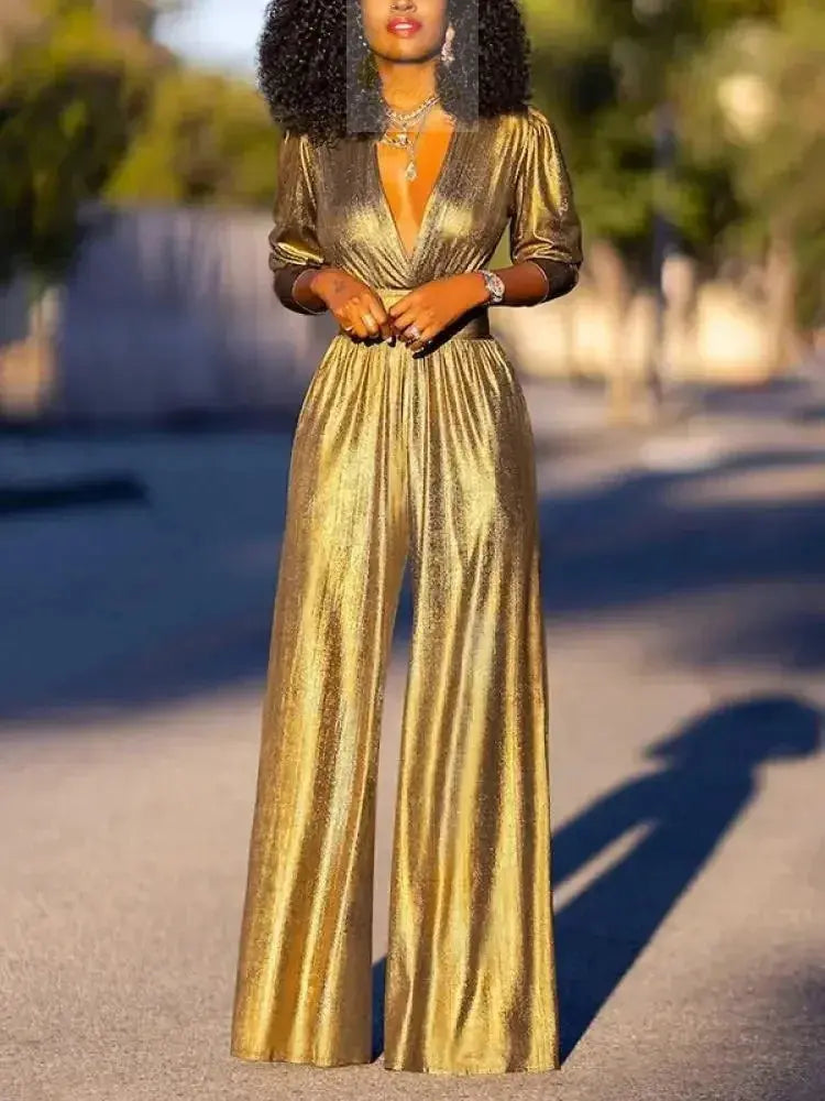 Sexy Deep V-neck High Waisted Wide Leg Jumpsuits LADYLYS
