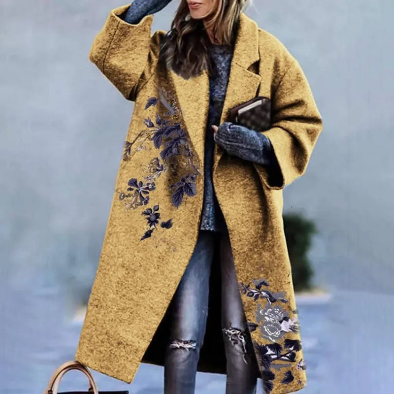 Élégant automne long cardigan manteaux mode imprimé floral poche à manches longues mélange laine