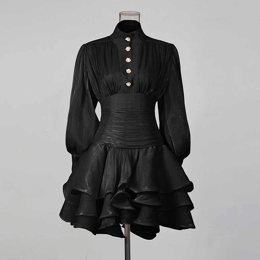 Solid Spliced Ruffles Dress Female Stand Collar Long Sleeve Loose French Elegant LADYLYS