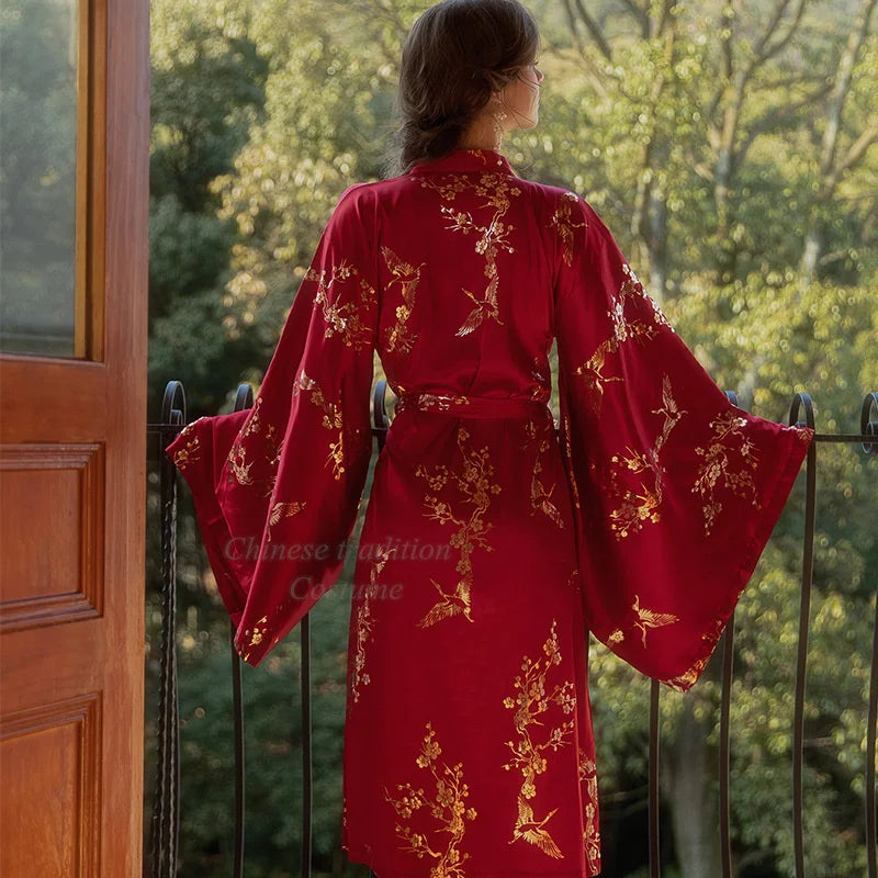 Robe Kimono de luxe bordeaux pour femmes, peignoir de mariée, Sexy, fleur bronzante