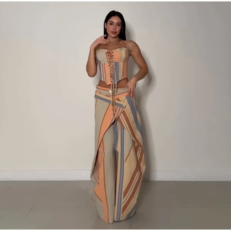 Sexy Print Vest Pants Women Set Beach Patchwork Slash Neck Lace Up Top LADYLYS