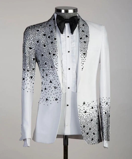 Perles de luxe 2 pièces Blazer pantalon hommes costumes brillant un bouton pure revers diamants