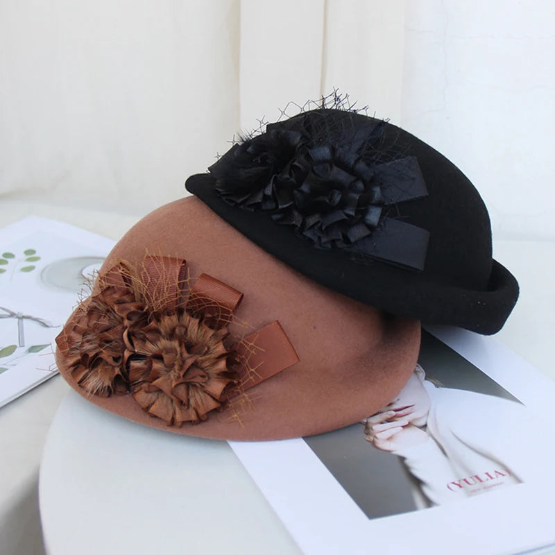 Chapeau Automne et Hiver Lady Party Formelle 100% Laine Feutre, Élégant Fleur