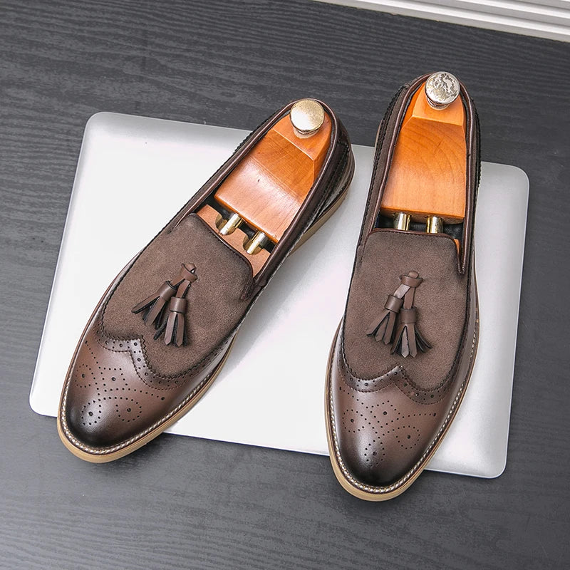 Chaussures Derby en cuir à pompon pour hommes, chaussures noires à enfiler, solides