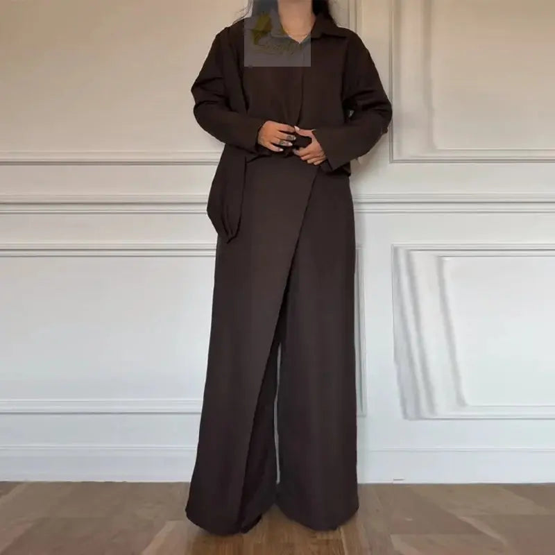 Solid Women's Shirt Trouser Suits Full Sleeve Turn-Down Collar Wide Leg Pants Lady Set LADYLYS