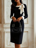 Professional Elegance Goddess Style Bow Tie Tailored Color-blocked Career Dress LADYLYS