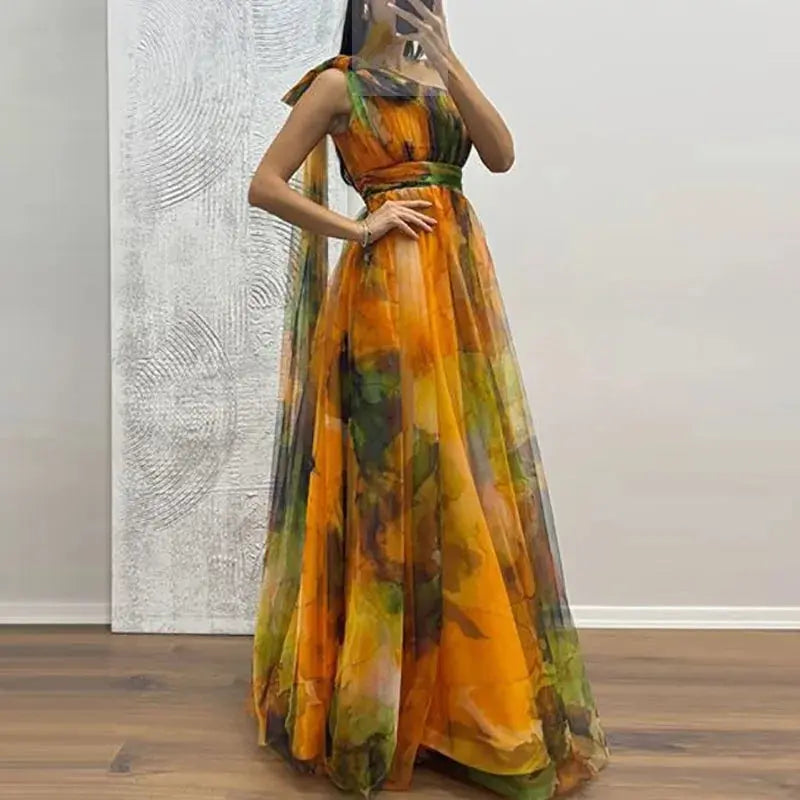Sexy Slanted Neck Bow Tie Up Slim Long Dress Elegant Mesh Waist Banquet Dress LADYLYS
